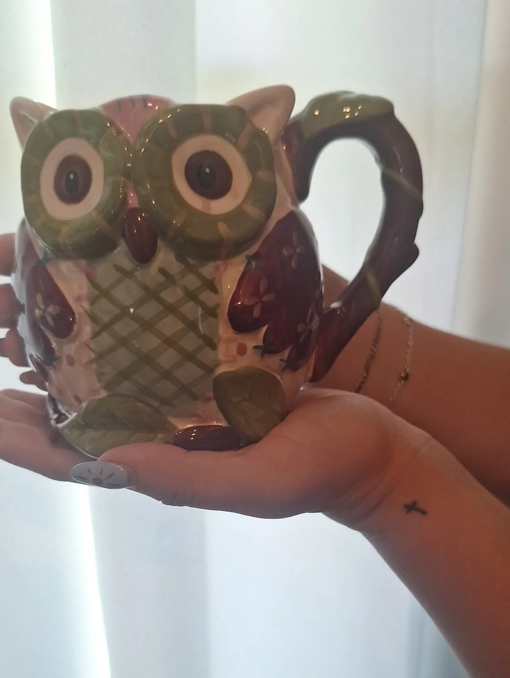 Pier 1 Hand-Painted Owl Mug — Green and Purple